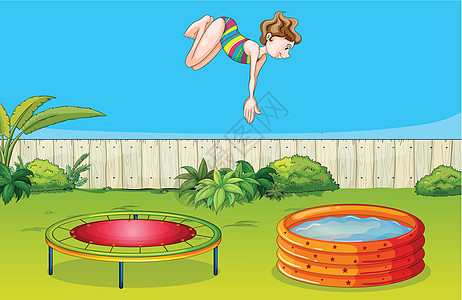 一个女孩在玩蹦床女士天空叶子流浪汉绿色植物乐趣锻炼跳跃运动树叶图片