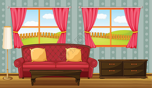 红色沙发和侧桌绿色房间风格草地玻璃壁纸抽屉窗帘框架桌子图片