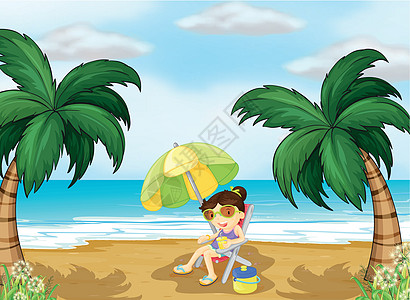 海滩上的一个女孩天空稻草海滨场景支撑女性植物椅子马尾辫玻璃图片