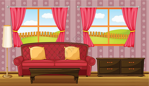 红色沙发和侧桌材料窗户绘画休息室栅栏风格装饰玻璃框架靠垫图片