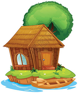 岛上的一栋房子树木独木舟热带灌木动物群庇护所小屋旅行木头池塘图片