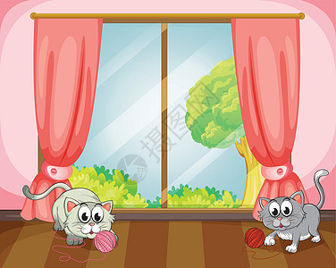 玩羊毛的猫窗户生活哺乳动物卡通片乐趣荒野动物玻璃小猫木头图片