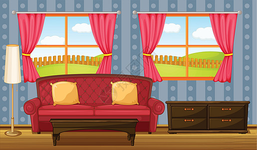 红色沙发和侧桌房子靠垫座位中心栅栏桌子枕头天空窗帘绘画图片