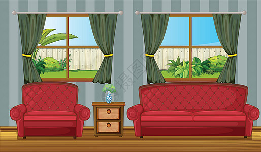 沙发和侧桌天空绘画花盆房间材料红色草地窗户装饰椅子图片