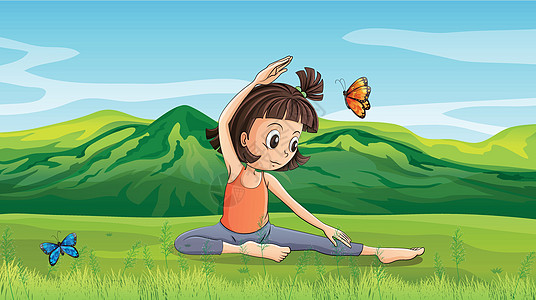 一个女孩在山丘附近做瑜伽图片