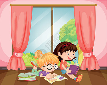 女童阅读书蓝色作业天空房间窗户木头女士绘画学习眼镜图片