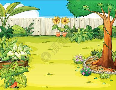 美丽的花园动物群树叶绘画小路木头绿色植物围栏房子灌木场景图片
