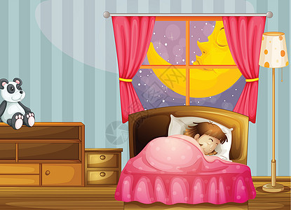 睡觉的女孩窗帘玩具绘画微笑家具女士抽屉木头卧室月亮图片