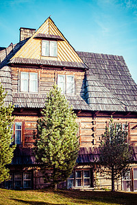 波兰Zakopane的传统抛光木屋历史性乡村房子木材豆荚建筑小屋窗户寡妇院子图片