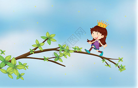 身戴王冠的女孩公主绿色棕色平衡微笑天空金子女士孩子树叶图片