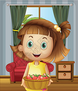 家里一个女孩拿着一篮草莓在屋里图片