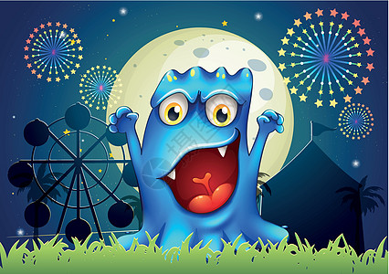 一个快乐的蓝色怪物 在游乐公园前图片