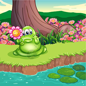 河岸的绿色怪物拿着一朵花图片