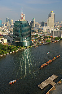 曼谷与泰国Chao Phraya河的空中观察建筑酒店商业办公室城市摩天大楼市中心蓝色景观运输图片