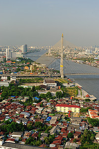 泰国Chao Raura河沿岸曼谷市阳台风景办公室摩天大楼建筑市中心天际城市技术天线图片