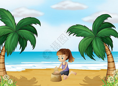 一个年轻女孩在海滩上 形成沙沙城堡图片