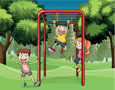 三个孩子在公园玩耍松树绿色闲暇孩子们树叶场景蓝色朋友们森林酒吧图片