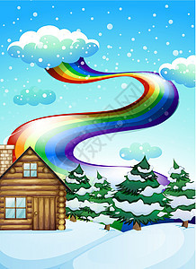 松树附近的木屋 上面有彩虹图片