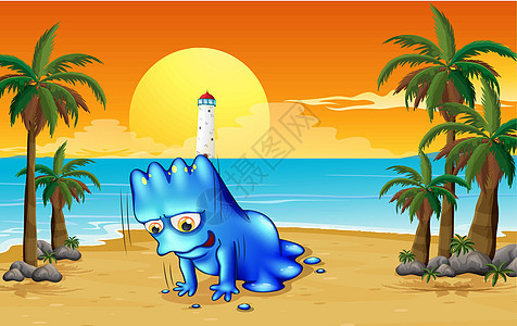 沙滩上有个蓝色的怪物图片