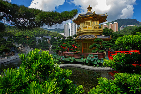 香港南里安花园的大桥和圣殿花园池塘建筑学岩石建筑石头宝塔文化公园摩天大楼图片