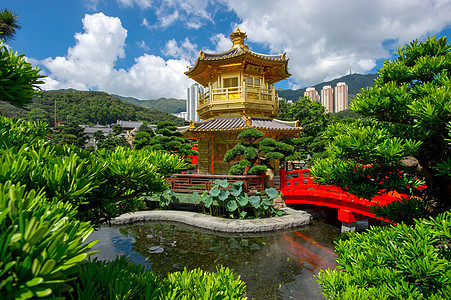 香港南里安花园的大桥和圣殿石头岩石花园寺庙摩天大楼池塘建筑学公园宝塔建筑图片