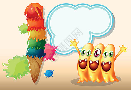 在巨型冰淇淋附近 三个快乐的蜜豆怪兽图片