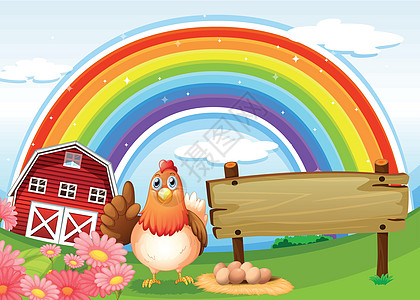 在农场的空板旁 一只母鸡 带着彩虹图片