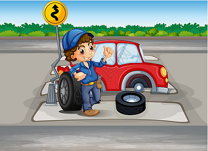一名男孩在人行道上修车指示牌运输损害轮子蓝色微笑事故卡通片街道涡轮图片