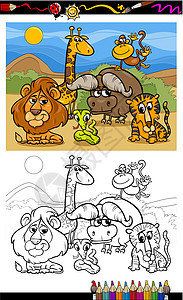 野生动物彩色页面快乐吉祥物团体卡通片游戏漫画哺乳动物染色幼儿园绘画图片
