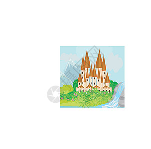 中世纪城堡的全景红色艺术棕色寓言插图艺术品堡垒王国小说瀑布图片