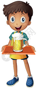 一个年轻男孩拿着一个托盘和一个啤酒杯孩子服务服务员卡通片围裙玻璃绘画液体未成年人男人图片