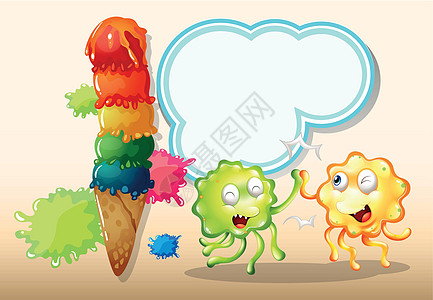 一个绿色和橙色的怪物 在巨型冰淇淋附近玩耍图片