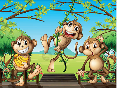 木桥上三只猴子图片