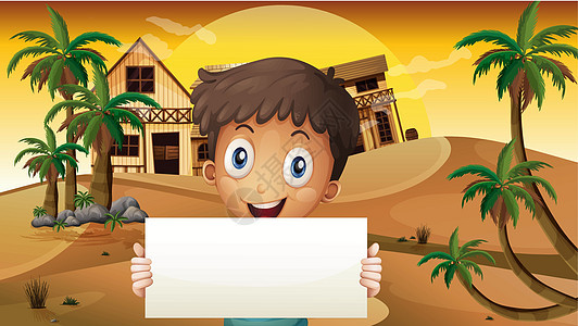 一个在沙漠微笑的男孩 带着空标牌图片