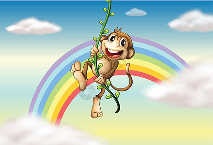 一只猴子挂在彩虹附近的一棵藤树上图片