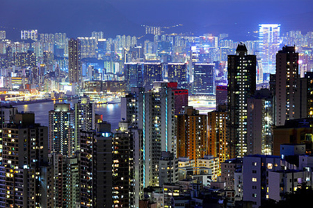 晚上在市中心的香港景观住宅建筑学居民区城市商业办公室建筑公寓风景图片