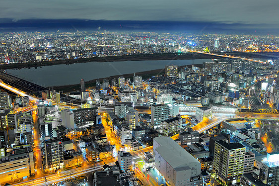 夜里大阪市摩天大楼建筑商业景观建筑学场景天际港口市中心天空图片