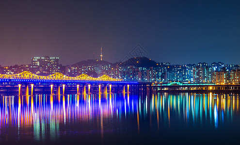 首尔市夜间建筑学天际城市住宅办公室景观旅行金融风景都市图片