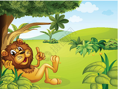 狮子休息蓝色丘陵天空胡须香蕉卡通片绘画栖息地动物树木图片
