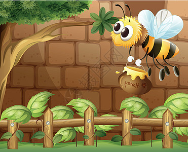 一只蜜蜂在篱笆内拿着蜂蜜图片