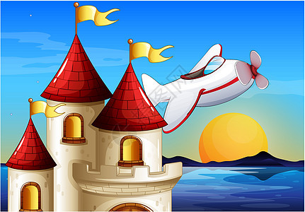 城堡附近一架飞机绘画飞艇晴天圆锥形球形高度横幅海洋卡通片旗帜图片