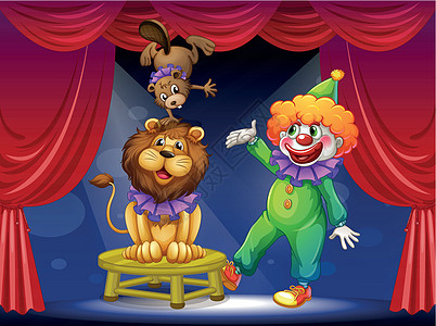 安代舞舞台上带着动物的小丑插画
