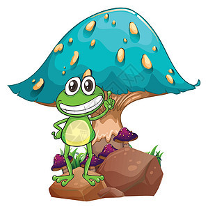 一只青蛙站在巨蘑菇下面的岩石上图片