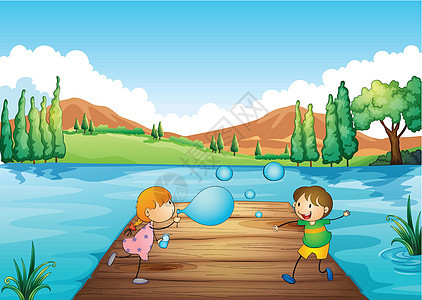一个年轻女孩和男孩在玩泡泡图片