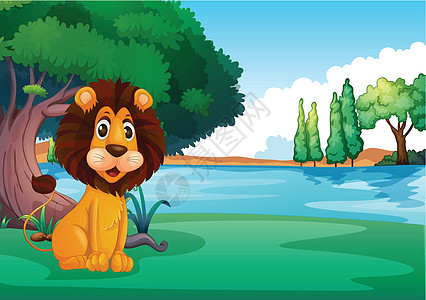 一只狮子坐在河边图片