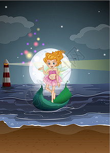 在海滩上坐船的仙女灯塔信仰女性海滨建筑女士太阳漂浮天空传统图片