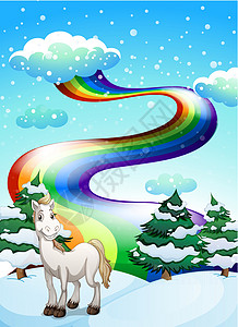 雪地中的一匹马和天空中的彩虹图片