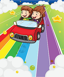 两个孩子骑着一辆红色车图片