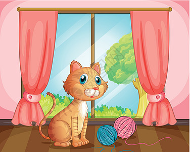 窗户旁边有只猫天空细绳玩具绘画小猫玻璃植物树叶捕食者宠物图片