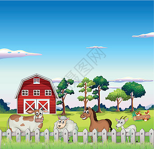 围篱内有动物 在后面有一个谷仓图片